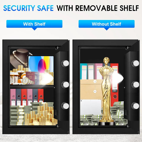 3.3 Cu Ft Large Fireproof Safe with electronic keypad and spare key, showing removable shelf for valuables like jewelry and cash.