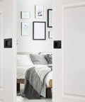 Installed 2-3/4 Inch Recessed Finger Flush Pulls for Pocket Doors Matte Black Stainless Steel in bedroom setting.