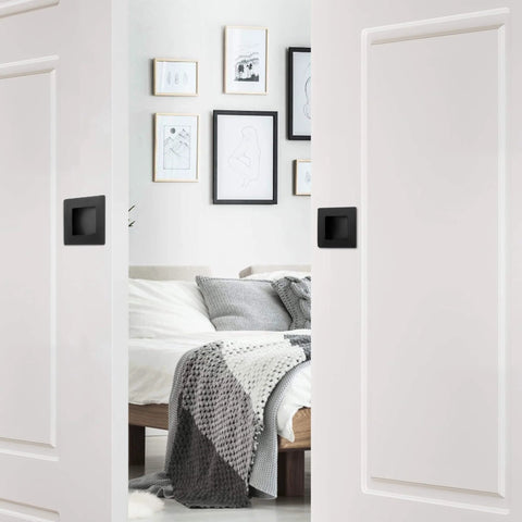 Two And Three Quarters Inch Recessed Finger Flush Pocket Door Pulls In Matte Black Stainless Steel Sliding Closet Door Handle Square Barn Door Hardware 2 Pack Built Tough For Daily Use Rust Proof Smooth Chamfered Edges installed on white doors