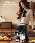 Big Time 20 Bar Espresso Machine And 9 In 1 Coffee Maker With Glowing Led Panel on countertop with croissants and coffee.