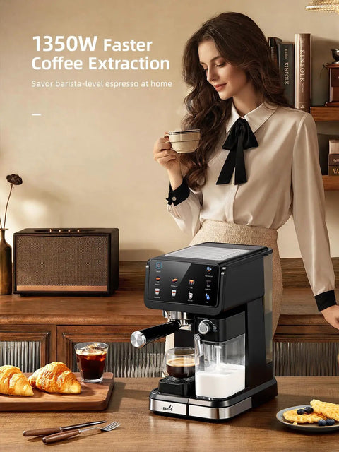 Big Time 20 Bar Espresso Machine And 9 In 1 Coffee Maker With Glowing Led Panel on countertop with croissants and coffee.