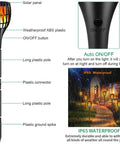 Diagram showing Sun Powered Solar Torch Lights with Realistic Flickering Flame Effect, 43 inches tall, dusk-to-dawn auto on/off feature.