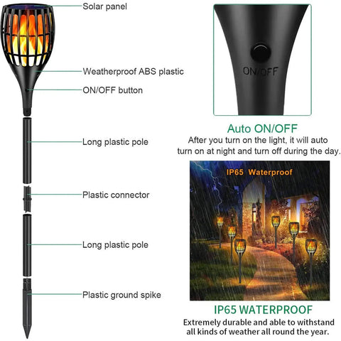 Diagram showing Sun Powered Solar Torch Lights with Realistic Flickering Flame Effect, 43 inches tall, dusk-to-dawn auto on/off feature.