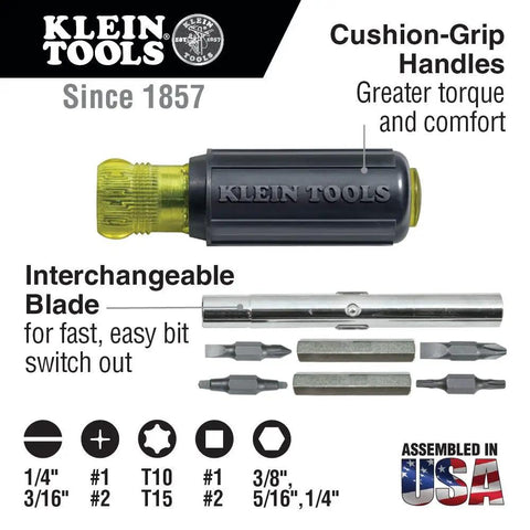 All Purpose 4 Piece Multi Bit Screwdriver And Nut Driver Set With 30 Industrial Strength Bits showing Klein Tools handles and bits