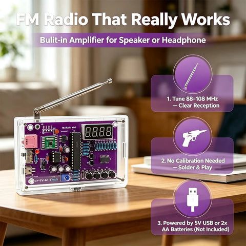 FM Radio Kit Soldering Practice Kit with amplifier on a table, includes step-by-step English instructions, ideal for students and DIY lovers.