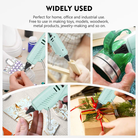 60-100W Hot Glue Gun Full Size Dual Power High Temp Melt Glue Gun Kit With 30 Sticks Finger Caps And Protective Mat Green in use