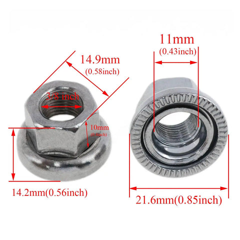Silver Three Eighths Inch 26 TPI Bicycle Axle Nut Set Four Pack showcasing detailed measurements