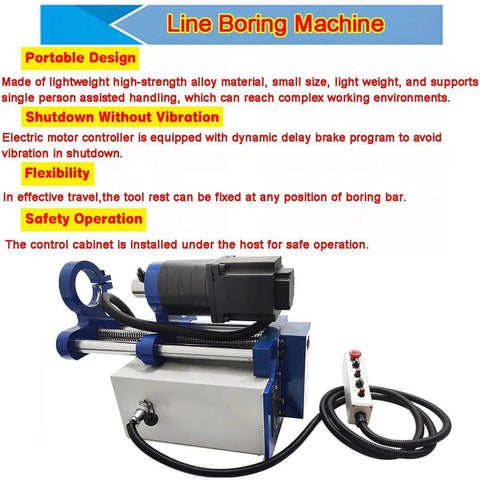 JARYANNIX portable line boring machine with blue frame, black motor, 110V control unit.