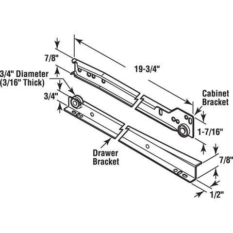 Drawer Slide Kit Replacement For Bottom And Side Mounted Drawers, Self Closing Design, 19-3/4 Inch Steel Tracks With Plastic Wheels, White Finish, Includes Hardware For One Complete Drawer, Easy Upgrade. Diagram with cabinet and drawer brackets