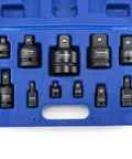 Impact Socket Adapter And Reducer Set With Universal Joint Swivels, Eleven Piece Kit From One Quarter Inch To One Inch Drive, CrMo Steel, Storage Case, Pro Grade For Auto Repair, Maintenance And DIY Projects. Blue case with 11 CR-MO socket adapters