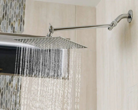 High Pressure Stainless Square Rain Shower Head With Arm Delivers Full Body Coverage And Soothing Waterfall, 12 Inch Chrome Finish