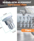 15 Pcs Camber Alignment Guide Pins Set For Silverado Sierra Tahoe Suburban Yukon Escalade Hummer H2 H3 Suspension Systems Durable Zinc Plated Iron Pins For Precise Wheel Camber Alignment And Easy Installation For Trail Ready Rigs, shown with dimensions and car background, 15 pieces visible.