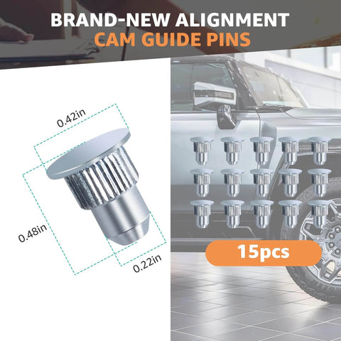 15 Pcs Camber Alignment Guide Pins Set For Silverado Sierra Tahoe Suburban Yukon Escalade Hummer H2 H3 Suspension Systems Durable Zinc Plated Iron Pins For Precise Wheel Camber Alignment And Easy Installation For Trail Ready Rigs, shown with dimensions and car background, 15 pieces visible.