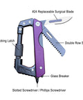 Six In One EDC Multitool Carabiner Knife with replaceable blade, integrated saw, screwdrivers, and window breaker in purple.
