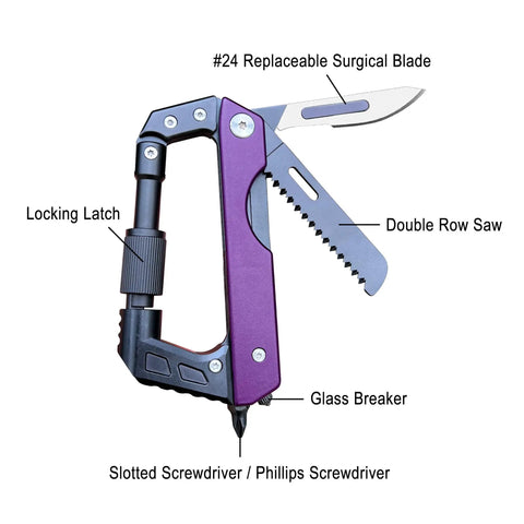 Six In One EDC Multitool Carabiner Knife with replaceable blade, integrated saw, screwdrivers, and window breaker in purple.