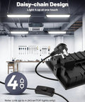 Four Pack Linkable LED Shop Lights With Built In Outlet 100W 15000LM Aluminum Garage Lighting shown in ceiling installation