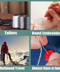 Four images showing sewing thread, hand embroidery, mountain hiking, and button sewing for various uses of thread.