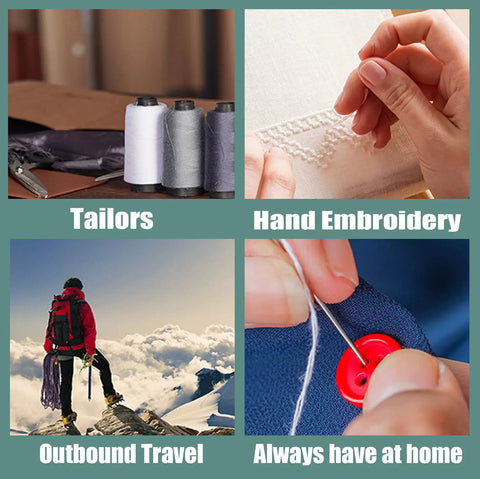 Four images showing sewing thread, hand embroidery, mountain hiking, and button sewing for various uses of thread.