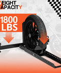 Heavy Duty Upright Motorcycle Wheel Chock Stand Keeps Your Bike Standing Solid In Garage Trailer Or Truck Fits 15 To 22 Inch Wheels And Supports Up To 1800 Pounds For Easy Loading And Safe Transport shown holding a motorcycle wheel
