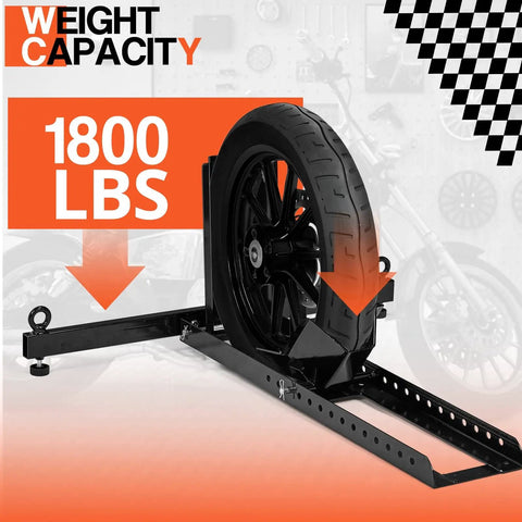 Heavy Duty Upright Motorcycle Wheel Chock Stand Keeps Your Bike Standing Solid In Garage Trailer Or Truck Fits 15 To 22 Inch Wheels And Supports Up To 1800 Pounds For Easy Loading And Safe Transport shown holding a motorcycle wheel
