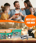 Father receiving Three Piece Universal Socket Wrench Set With Ratchet And Drill Adapters Retractable One Quarter Inch To Three Quarter Inch.