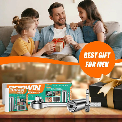 Father receiving Three Piece Universal Socket Wrench Set With Ratchet And Drill Adapters Retractable One Quarter Inch To Three Quarter Inch.
