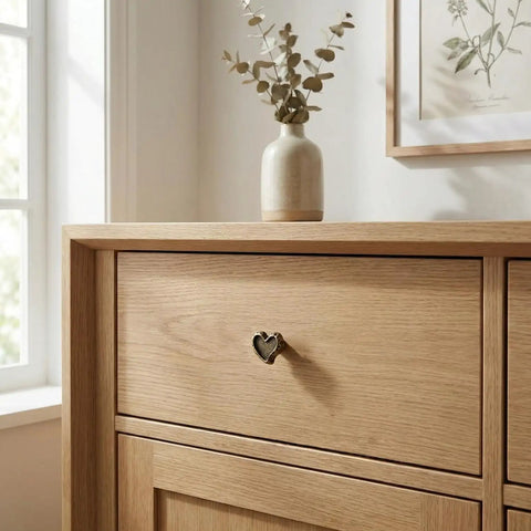 Antique Brass Heart Cabinet Knobs With Hammered Texture Solid Metal Drawer Pulls And Handles on wooden dresser in room