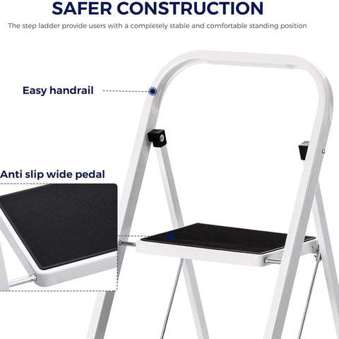 Heavy Duty Steel 2 Step Stool Ladder With Grab Handle Portable Folding Step Ladder Anti Slip Wide Pedal Lightweight Compact