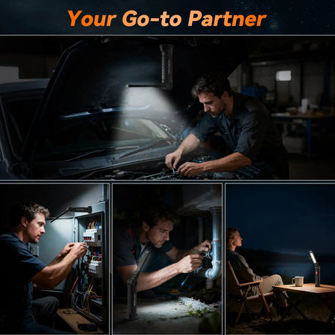 Man using Six Pack Magnetic LED Work Lights With 360 Degree Rotating Heads, Rechargeable Mechanics Light With Five Modes for repairs