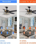 52 Inch Crystal Chandelier Ceiling Fan With Dope Matte Black Finish And Silky Smooth Reversible Blades Featuring A Chill Whisper Quiet Motor Plus Wireless Remote For Bedroom Or Living Room Vibes, showing reversible airflow for summer and winter.
