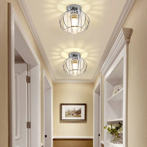 Modern Semi Flush Mount Ceiling Light Fixture With Crystal Chandelier Effect Chrome Small Ceiling Lamp in hallway setting
