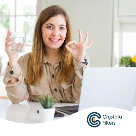 Woman smiling holding glass of water from Replacement Water Filter For GE XWFE With Built In CHIP Compatible With XWFE And XWF