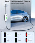 Straight Up Level 1 And Level 2 EV Charger with status lights charging a Tesla, 25 ft heavy duty cable connected.