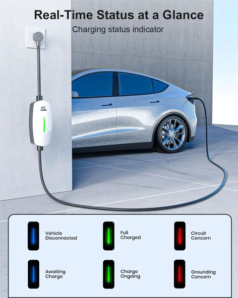 Straight Up Level 1 And Level 2 EV Charger with status lights charging a Tesla, 25 ft heavy duty cable connected.
