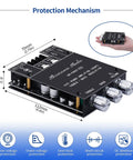 Close-up of Bluetooth 5.0 200W Dual Channel HiFi Amplifier Module with control knobs for DIY speakers, showing dimensions and protection icons.