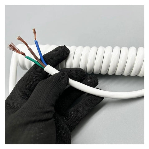 Bulletproof Retractable Coiled Cord With Pure Copper Core Conductors For Flatout Power Delivery, 30 ft, showing wires.