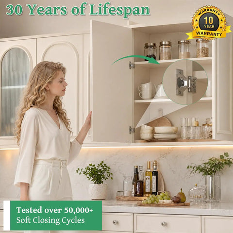 Woman in kitchen showcasing Soft Close Concealed Cabinet Hinges Half Inch Overlay, visible with door open and overlay detail inset.