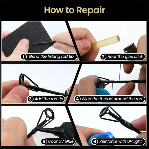 Step-by-step guide showing All In One Pro Grade Fishing Rod Tip Repair Kit With 10 Top Eyelets, UV Resin, Epoxy, Wrapping Thread.