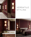JAZAVA 2-Light Up Down Wall Sconce, Frosted Pleated Glass, Pale Brass shown in a stylish bathroom and bedroom setting.