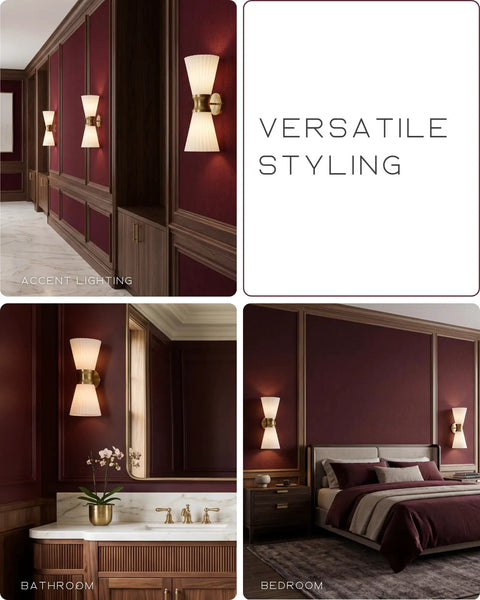 JAZAVA 2-Light Up Down Wall Sconce, Frosted Pleated Glass, Pale Brass shown in a stylish bathroom and bedroom setting.