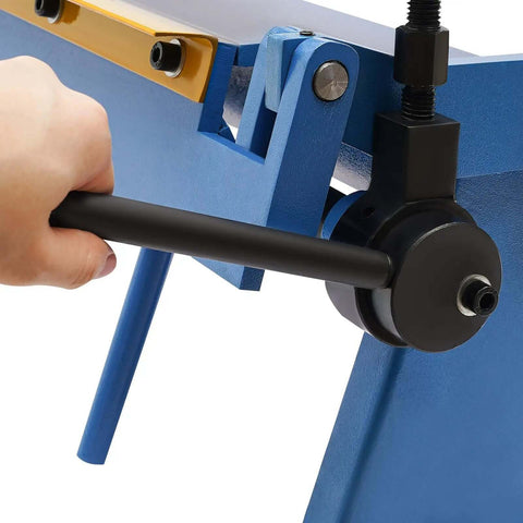 Close-up of handle on Heavy Duty 24 Inch Pan And Box Sheet Metal Brake With Removable Fingers for precise bends in metal projects.