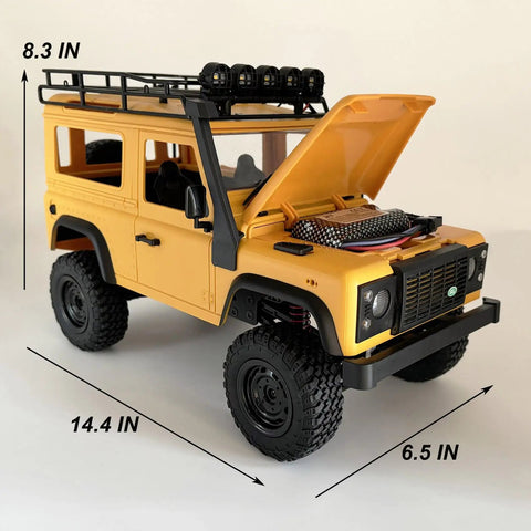 One Twelfth RC Crawler MN98 Remote Control Truck with open hood, showcasing detailed engine and tires, Land Rover style.