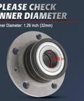 Close-up of 32mm Rear Wheel Bearing Hub Replacement For VW Jetta Beetle Passat Golf GTI Tiguan EOS CC Audi TT Q3 2005 Through 2018 Models 512319 Direct Fit Premium Quality Aftermarket Replacement Durable Steel Construction Easy Install focusing on inner diameter measurement.