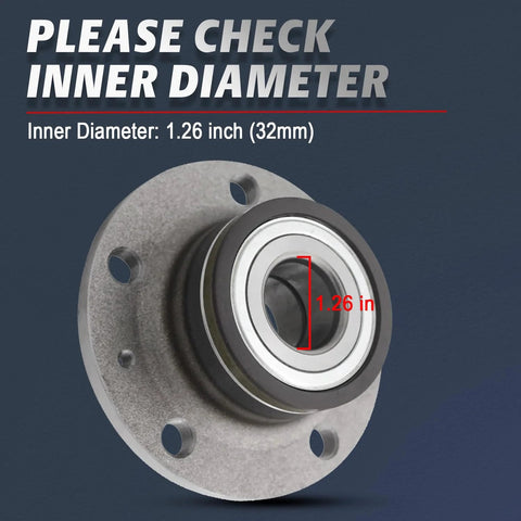 Close-up of 32mm Rear Wheel Bearing Hub Replacement For VW Jetta Beetle Passat Golf GTI Tiguan EOS CC Audi TT Q3 2005 Through 2018 Models 512319 Direct Fit Premium Quality Aftermarket Replacement Durable Steel Construction Easy Install focusing on inner diameter measurement.
