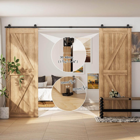 Installed Six Foot Sliding Barn Door Hardware Kit With Double Track, Heavy Duty T Shaped Style In Black Finish