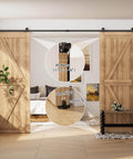 9Ft Sliding Barn Door Hardware Kit With Heavy Duty T Shaped Track In Black For Double Doors Space Saving Indoor Outdoor DIY Door System Includes Mounting Hardware And Rails For Easy Assembly, shown installed in living room with wooden double doors.