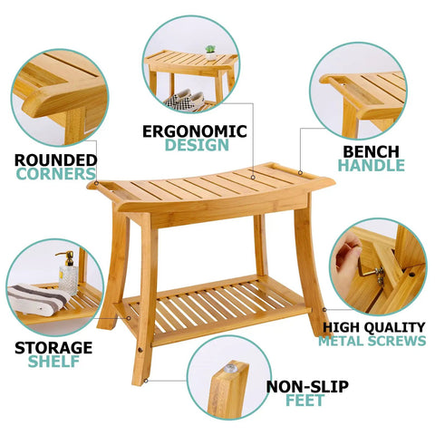 Beige Bamboo Shower Bench With Storage Shelf 2 Tier Spa Stool For Inside Shower Sturdy Bath Bench For Adults And Elderly