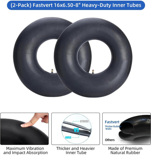2-Pack Heavy-Duty Inner Tubes 16x6.50-8 And 16x7.50-8 With TR-87 Bent Valve Stem for lawn mowers and more, shown in detailed view