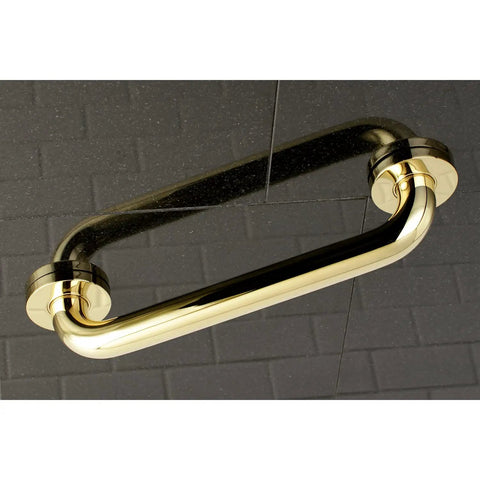 Meridian 12 Inch Solid Brass Grab Bar One And A Quarter Inch Diameter Polished Brass Bath Safety Rail mounted on tile wall