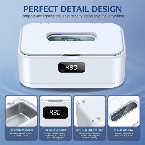 50kHz Ultrasonic Jewelry Cleaner With UV Light, 24oz Stainless Steel Tank, digital timer, and five cleaning modes shown